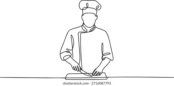 Dibujo de una línea de un chef que corta con precisión la comida en una tabla de cortar, ilustrando la habilidad culinaria y el trabajo de cocina. Esta obra de arte minimalista representa la preparación de alimentos, la cocina profesional y la atención al detalle. Excelente para clases de cocina, libros de recetas o contenido de servicio de alimentos.