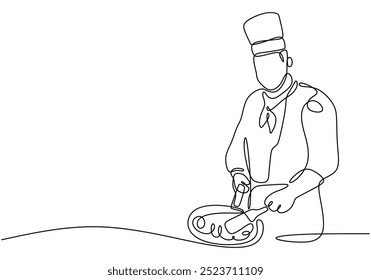 One line drawing of a chef preparing food in the kitchen. Simple and modern depiction of cooking. Vector illustration.