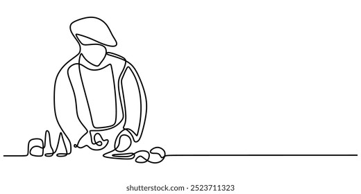 One line drawing of a chef at work in the kitchen. Clean and minimalist food preparation design. Vector illustration.