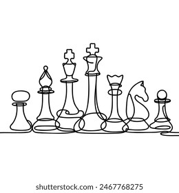One line drawing of chess pieces. Continuous line drawing graphic vector illustration.