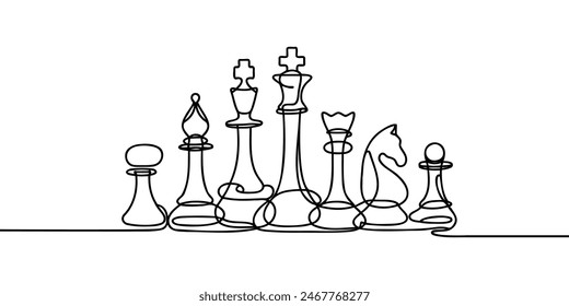 One line drawing of chess pieces. Continuous line drawing graphic vector illustration.