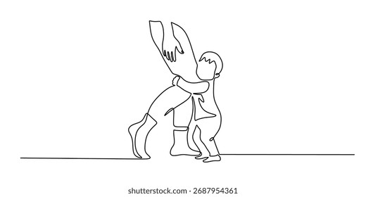 Dibujo de una línea de un niño abrazando una pierna madre. Arte lineal continuo simple para la confianza familiar, el amor y los conceptos de seguridad infantil. Ilustración vectorial aislada sobre fondo blanco.
