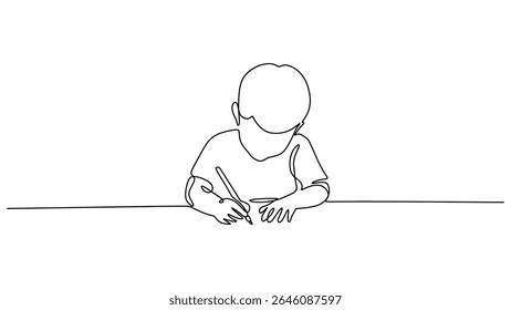 One line drawing of a child writing. Education and learning activity. Vector illustration hand drawn. Great for back to school promotion or tutoring service advertisement.