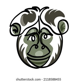 One line drawing of chimpanzee.
One continuous line drawing of ape head.
