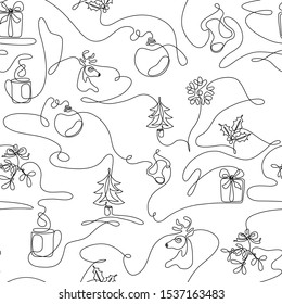 One line drawing Christmas seamless pattern and fir  gift box  reindeer  mistletoe  cup hot beverage  stocking  ball decoration  snowflake  Continuous line art minimalist winter background  Vector