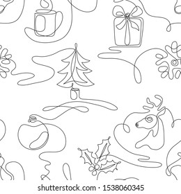 One line drawing Christmas seamless pattern and fir  gift box  reindeer  berries  cup hot beverage  stocking  ball decoration  snowflake  Continuous line art minimalist winter background  Vector