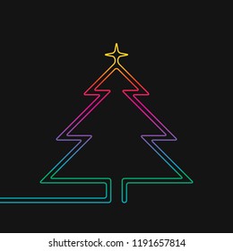 One line drawing of christmas tree, Rainbow colors on black background vector minimalistic linear illustration made of continuous line