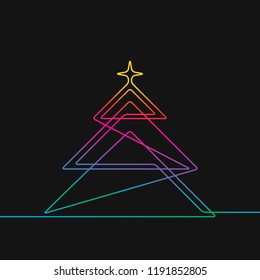 One line drawing christmas tree  Rainbow colors black background vector minimalistic linear illustration made continuous line