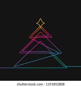 One line drawing of christmas tree, Rainbow colors on black background vector minimalistic linear illustration made of continuous line