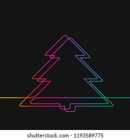 One line drawing of christmas tree, Rainbow colors on black background vector minimalistic linear illustration made of continuous line