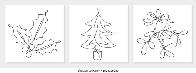 One line drawing Christmas tree, mistletoe, holly berry leaves. Modern continuous line art, aesthetic contour. Xmas symbol for greeting card, prints, poster, sticker, banner, invites. Vector 