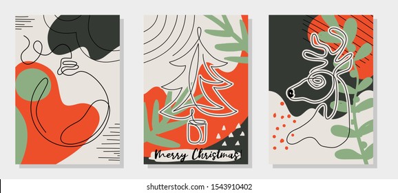 One Line Drawing Christmas Tree, Reindeer Head, Ball Decoration. Modern Continuous Line Art, Aesthetic Contour. Set Of Three Merry Christmas Cards, Creative Collage Style. Vector Illustration