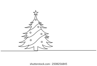 Dibujo de una línea de un árbol de Navidad, árbol de Navidad en la nieve Dibujo de línea continua con trazo editable, árbol de Navidad Dibujo de línea continua con trazo editable