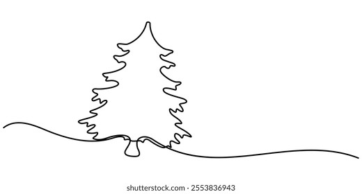 One line drawing Christmas tree, Christmas Tree in the Snow Continuous Line Drawing with Editable Stroke, Vintage Style Christmas Pine Fir Tree Continuous One Line Drawing - Minimalist Design for Holi