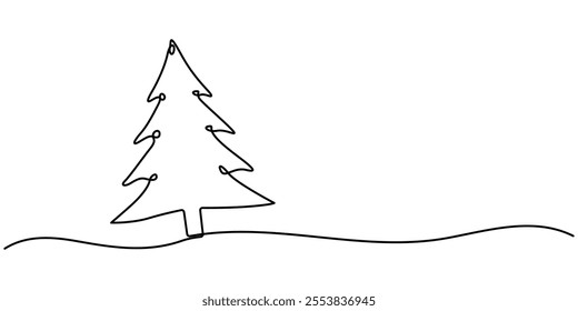 One line drawing Christmas tree, Christmas Tree in the Snow Continuous Line Drawing with Editable Stroke, Vintage Style Christmas Pine Fir Tree Continuous One Line Drawing - Minimalist Design for Holi