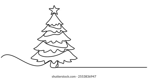 One line drawing Christmas tree, Christmas Tree in the Snow Continuous Line Drawing with Editable Stroke, Vintage Style Christmas Pine Fir Tree Continuous One Line Drawing - Minimalist Design for Holi