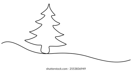 One line drawing Christmas tree, Christmas Tree in the Snow Continuous Line Drawing with Editable Stroke, Vintage Style Christmas Pine Fir Tree Continuous One Line Drawing - Minimalist Design for Holi