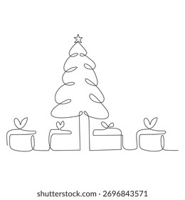Un dibujo de línea de árbol de Navidad. Ilustración de contorno de feliz Navidad y feliz año Nuevo. 
