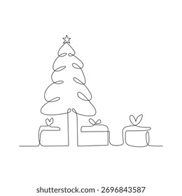 Un dibujo de línea de árbol de Navidad. Ilustración de contorno de feliz Navidad y feliz año Nuevo. 