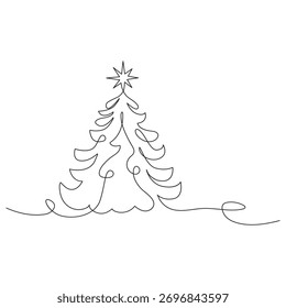 One line drawing of christmas tree. Merry Christmas and Happy New Year contour illustration. 