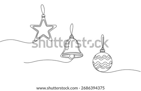 One line drawing Christmas tree toys Black and white continuous line Merry Christmas banner, minimalist style. Editable stroke