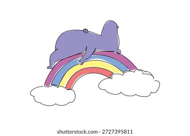 Dibujo de una línea de un hipopótamo púrpura feliz gordo que duerme supino en un arco iris con nubes mullidas suaves. El arte conceptual de la Naturaleza destaca un tema del zoológico para el Día Mundial del Hipona y la impresión de la decoración de la pared del vivero