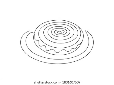 One line drawing of cinnamon roll logo template concept. Hand drawn sketch of cinnabon with cream frosting made of continuous line, bakery and cafe logotype emblem. Modern vector illustration