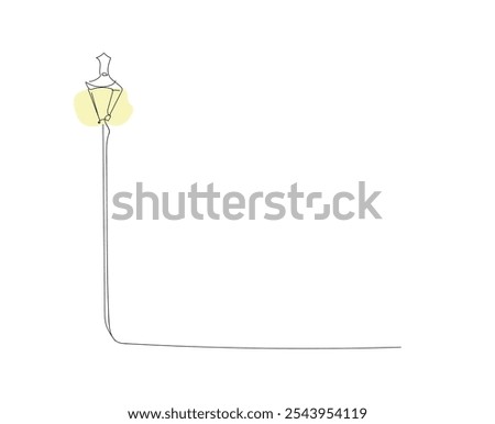 One line drawing cityscape with architectural detail and lighting street lamp with a sky. Night light on for people walking Street evening landscape. Hand made vector not AI