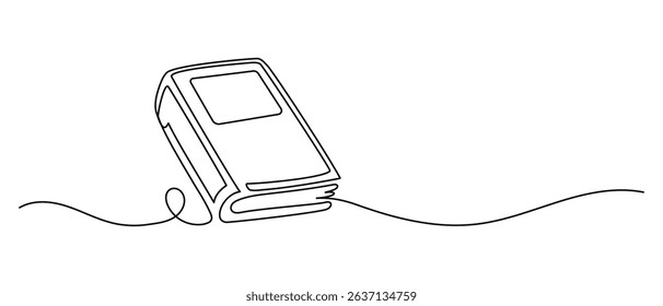 One line drawing of a closed book. Minimal continuous line vector illustration. Simple thin line style. Great for education, literature, libraries, reading and knowledge themes.