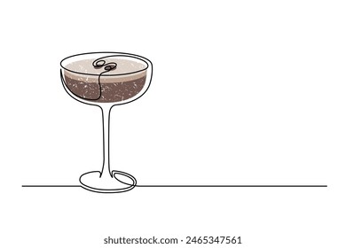 СDibujo continuo de una línea de cóctel espresso martini aislado sobre fondo blanco. Bebida de cóctel alcohólica en línea delgada de estilo moderno. Ilustración vectorial