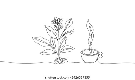 One line drawing of coffee beans and leaves. Hand drawn minimalist continuous line coffee print, natural arabica coffee concept. Vector illustration