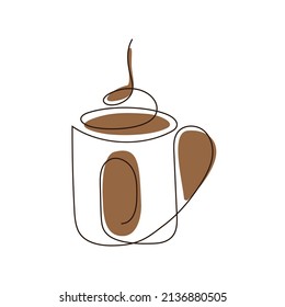 Una línea dibujando una taza de café. Arte mínimo moderno, contorno estético. Perforación continua de línea con vapor para logo, tarjeta, pegatina, emblema, etiqueta, huellas, diseño de camisetas, afiche, banner. Ilustración del vector