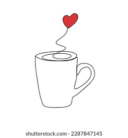One line drawing coffee. Cup with heart, cappuccino, latte art, symbol of love and relaxation.