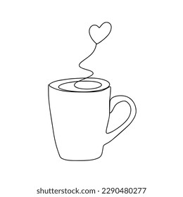 One line drawing coffee. Cup with heart, cappuccino, latte art, symbol of love and relaxation.