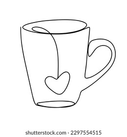 One line drawing coffee. Cup with heart, cappuccino, latte art, symbol of love and relaxation.