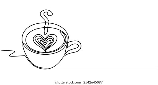 One line drawing of coffee. Cup with heart cappuccino latte art, symbol of love and relaxation, Abstract coffee with heart drawing, coffee beans set continuous one line art, Сup and heart, Coffee.