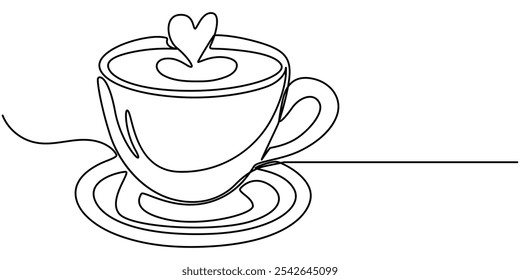 One line drawing of coffee. Cup with heart cappuccino latte art, symbol of love and relaxation, Abstract coffee with heart drawing, coffee beans set continuous one line art, Сup and heart, Coffee.