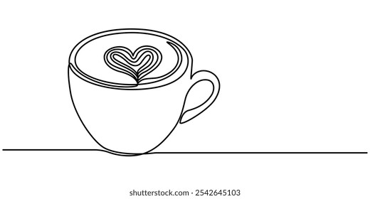 One line drawing of coffee. Cup with heart cappuccino latte art, symbol of love and relaxation, Abstract coffee with heart drawing, coffee beans set continuous one line art, Сup and heart, Coffee.
