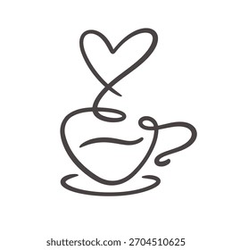 One Line Drawing Coffee Cup Logotype Abstract Design Element Isolated on White. Vector Illustration
