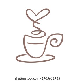 One Line Drawing Coffee Cup Logotype Abstract Design Element Isolated on White. Vector Illustration