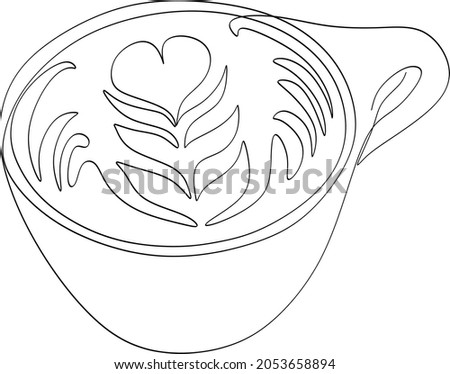 One line drawing of coffee. Cup with heart cappuccino latte art, symbol of love and relaxation.