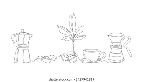 One line drawing of coffee. Minimal hand drawn sketch of coffee cup beans coffeepot for print. Vector continuous line illustration