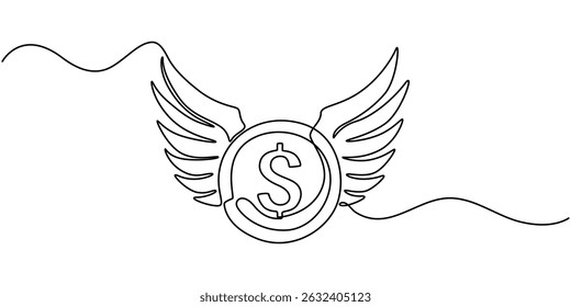 Uma linha desenhando moedas de dólar com asas voando no céu. Conceito de dinheiro perdido. Dinheiro voador. Economia, finanças, pictograma do dinheiro. Ilustração vetorial, Uma única linha desenhando moedas de dólar com asas.