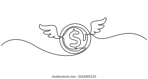 Uma linha desenhando moedas de dólar com asas voando no céu. Conceito de dinheiro perdido. Dinheiro voador. Economia, finanças, pictograma do dinheiro. Ilustração vetorial, Uma única linha desenhando moedas de dólar com asas.