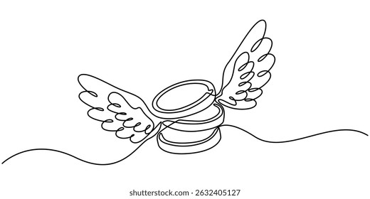 One line drawing coins dollar with wings flying in the sky. Lost money concept. Flying money. Economy, finance, money pictogram. Vector illustration, Single one line drawing coins dollar with wings.
