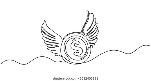 Uma linha desenhando moedas de dólar com asas voando no céu. Conceito de dinheiro perdido. Dinheiro voador. Economia, finanças, pictograma do dinheiro. Ilustração vetorial, Uma única linha desenhando moedas de dólar com asas.