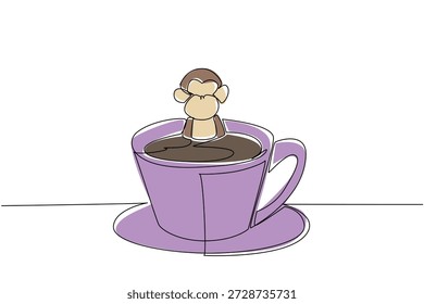 One line drawing of colorful monkey depicts cute animal soaking in coffee cup for nature concept. Brown playful primate design celebrates an international cafe day theme in whimsical art style