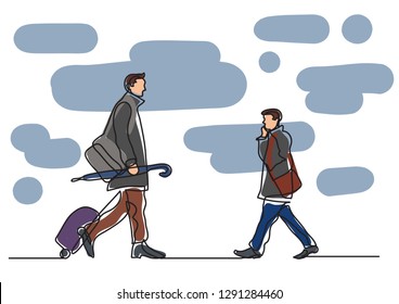 one line drawing of commuters passing by