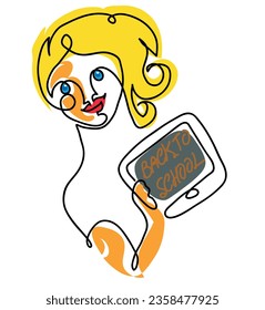 Dibujo de una línea de imagen compuesta de vuelta a la escuela.
Un dibujo de una línea continua de retrato de una profesora rubia joven sonriendo mientras sostiene una tableta digital

...