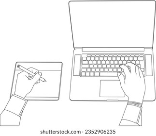 one line drawing computer and hand with notebook,pen